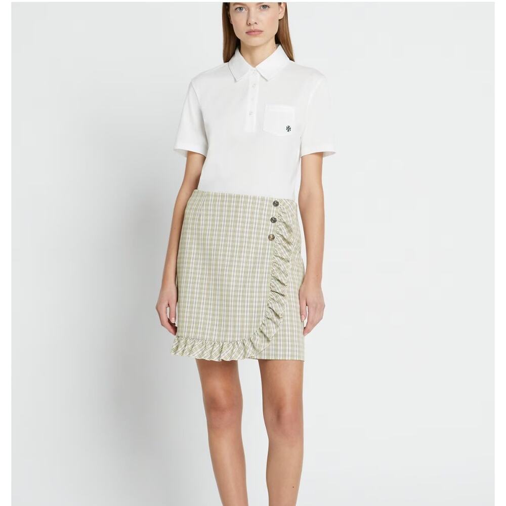 NWT Tory Burch Performance Twill Golf Skirt in Ivory Pinstripe Plaid Size 10